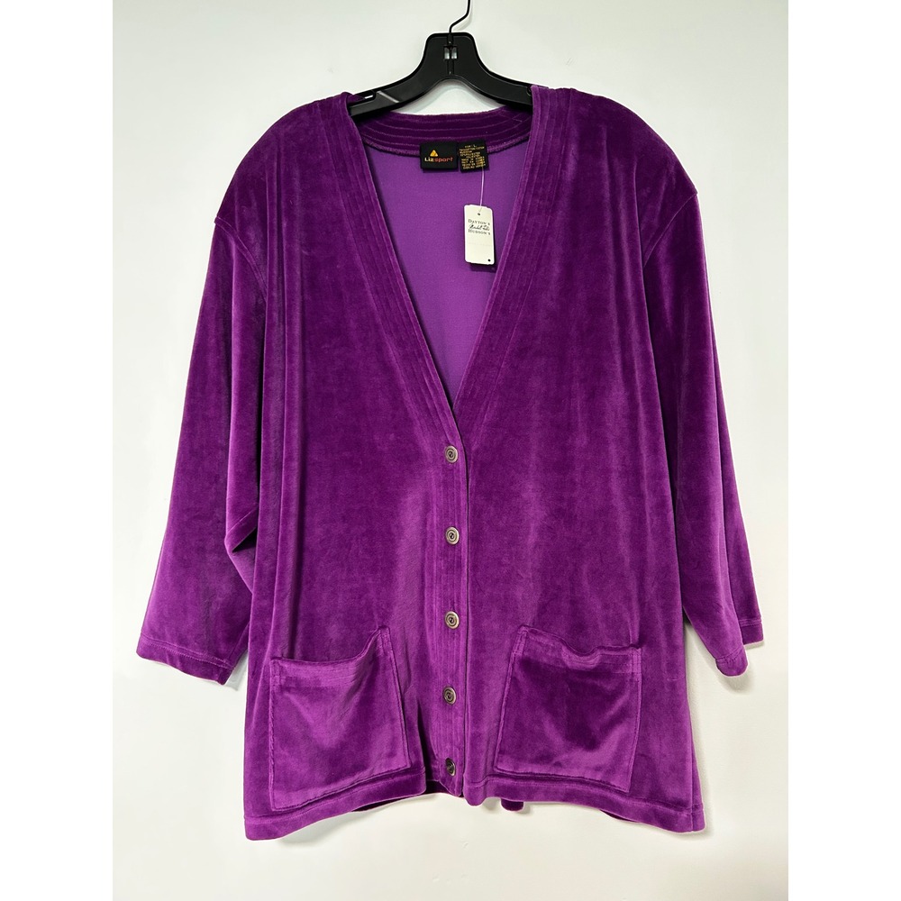 Liz Sport Vintage Purple Velour Cardigan Button Front V-Neck Pockets Large NWT